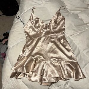 Satin off white, beige romper dress.